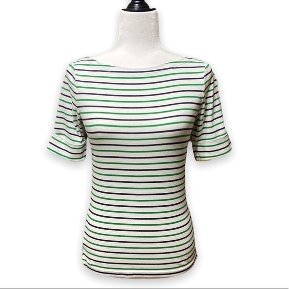 LAUREN Ralph Lauren Striped Boatneck Top Half Sleeves Women’s Size M - Picture 2 of 6
